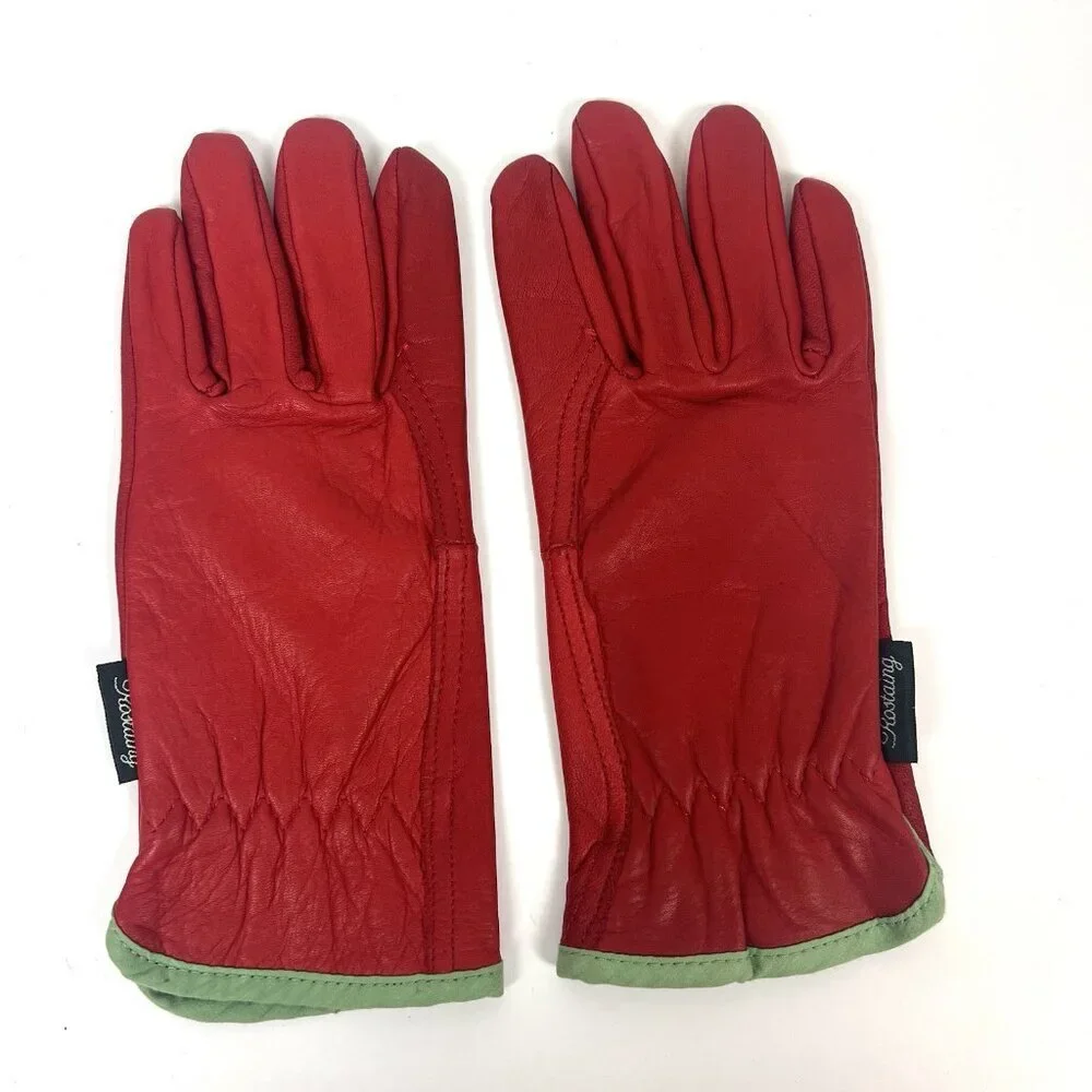 Vintage Rostaing‎ Red Leather Gloves Green Trim Old Money Festive